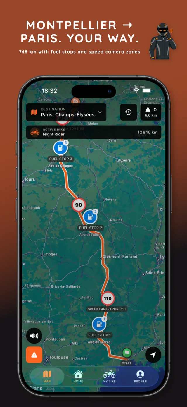MotoLert route from Montpellier to the Champs-Élysées with fuel stops and radar zones
