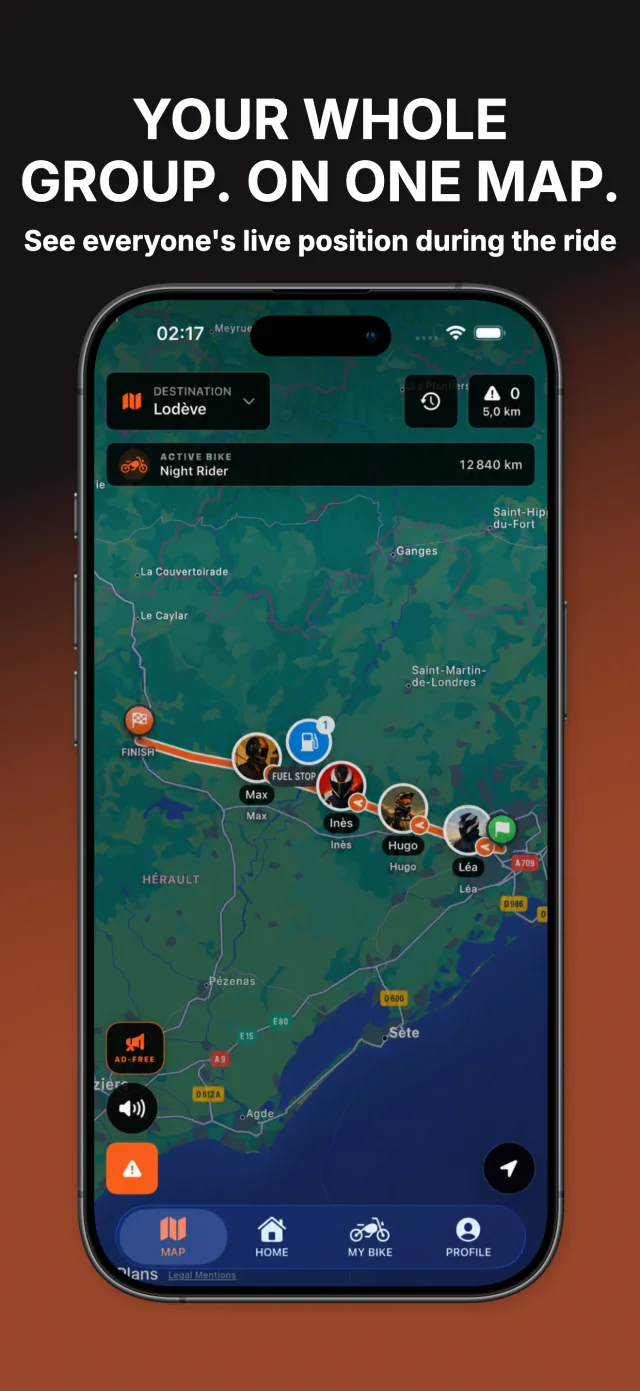 MotoLert map showing Léa and the other group riders as avatar markers