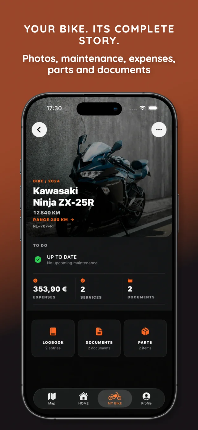 My Motorcycle garage with motorcycle photo, mileage, and maintenance