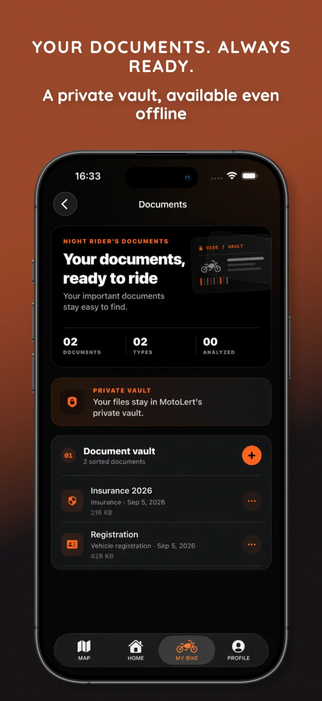 Motorcycle documents organized in MotoLert