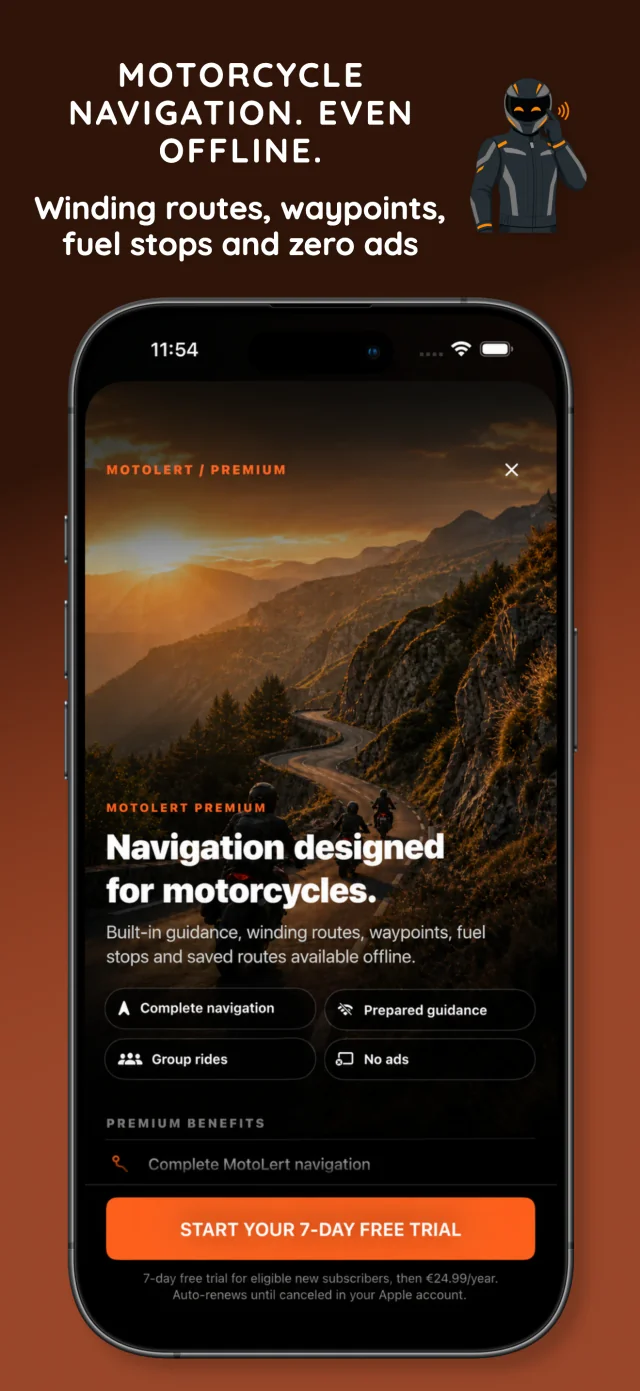 MotoLert navigation and routes available offline