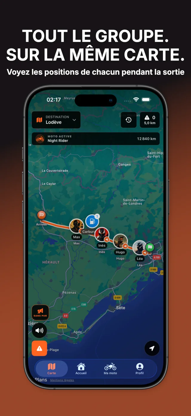 Carte MotoLert montrant les avatars de Léa et des autres motards du groupe