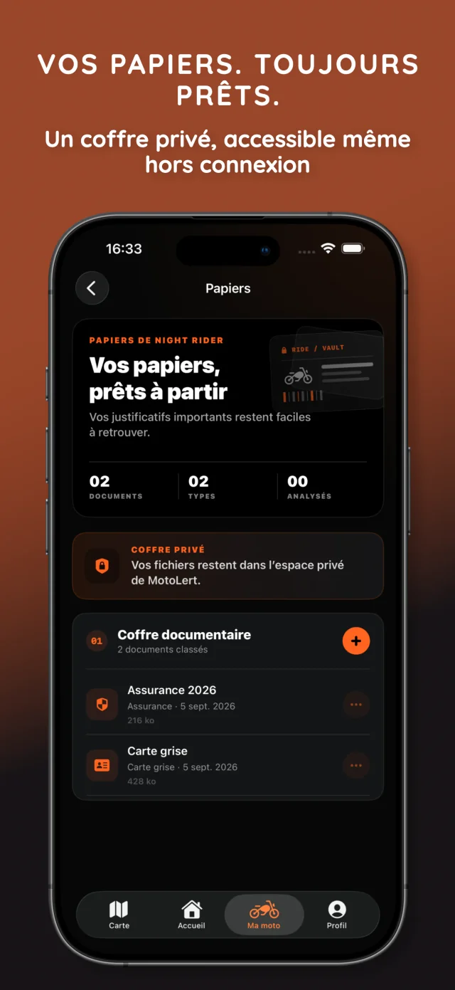 Documents de la moto organisés dans MotoLert