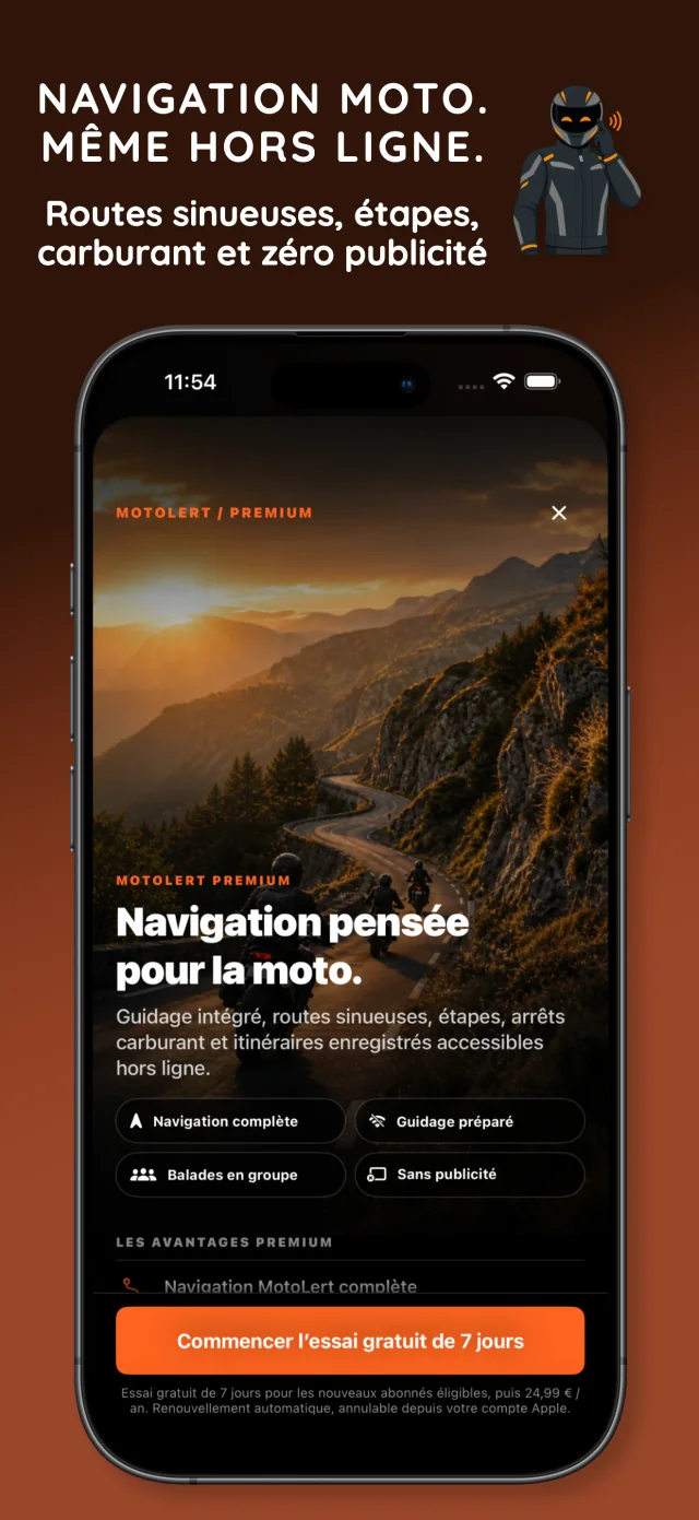 Navigation MotoLert et itinéraires disponibles hors ligne
